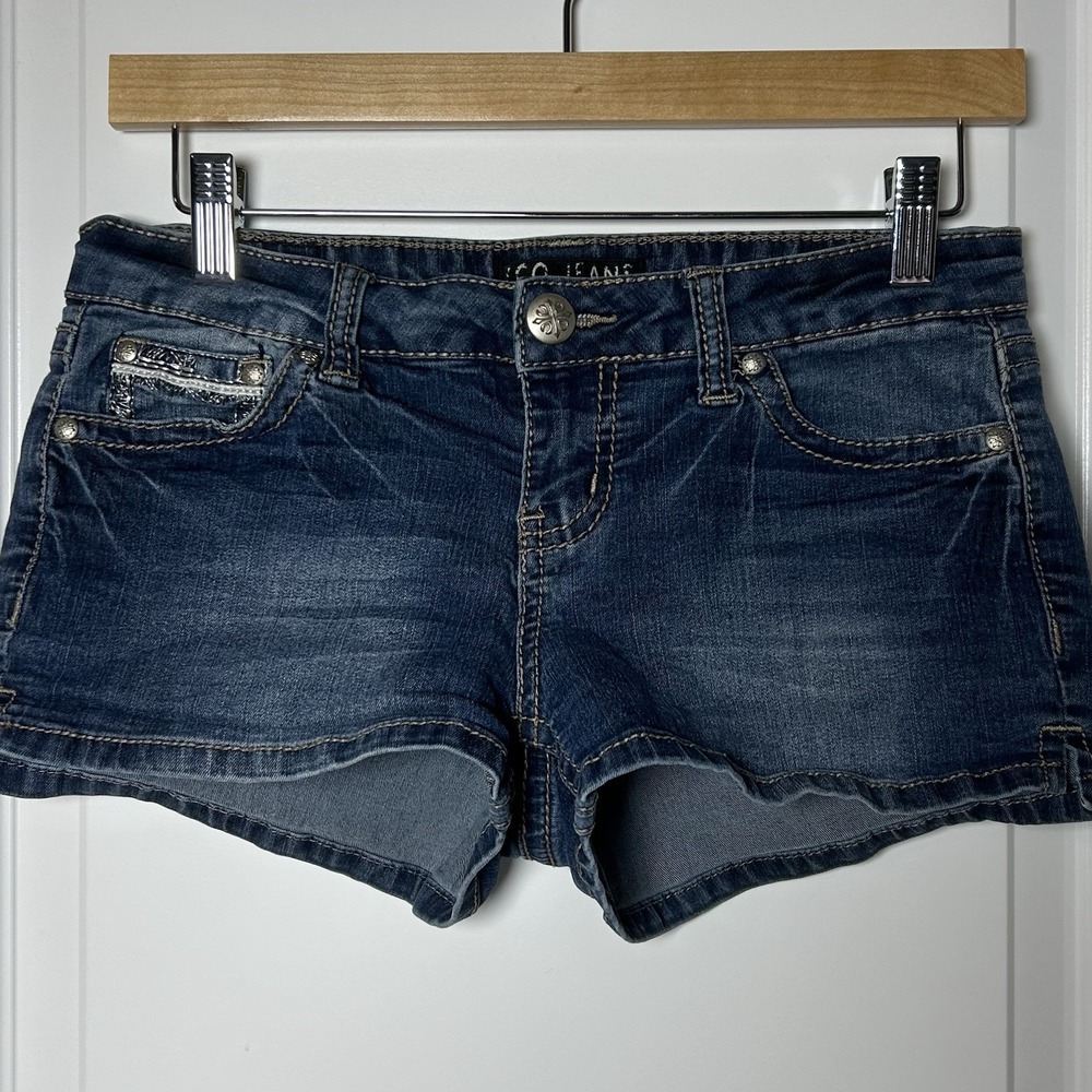 ZCO Jeans Vintage Y2K Indigo Rhinestone Cross Bling Pocket Low Rise Denim Shorts